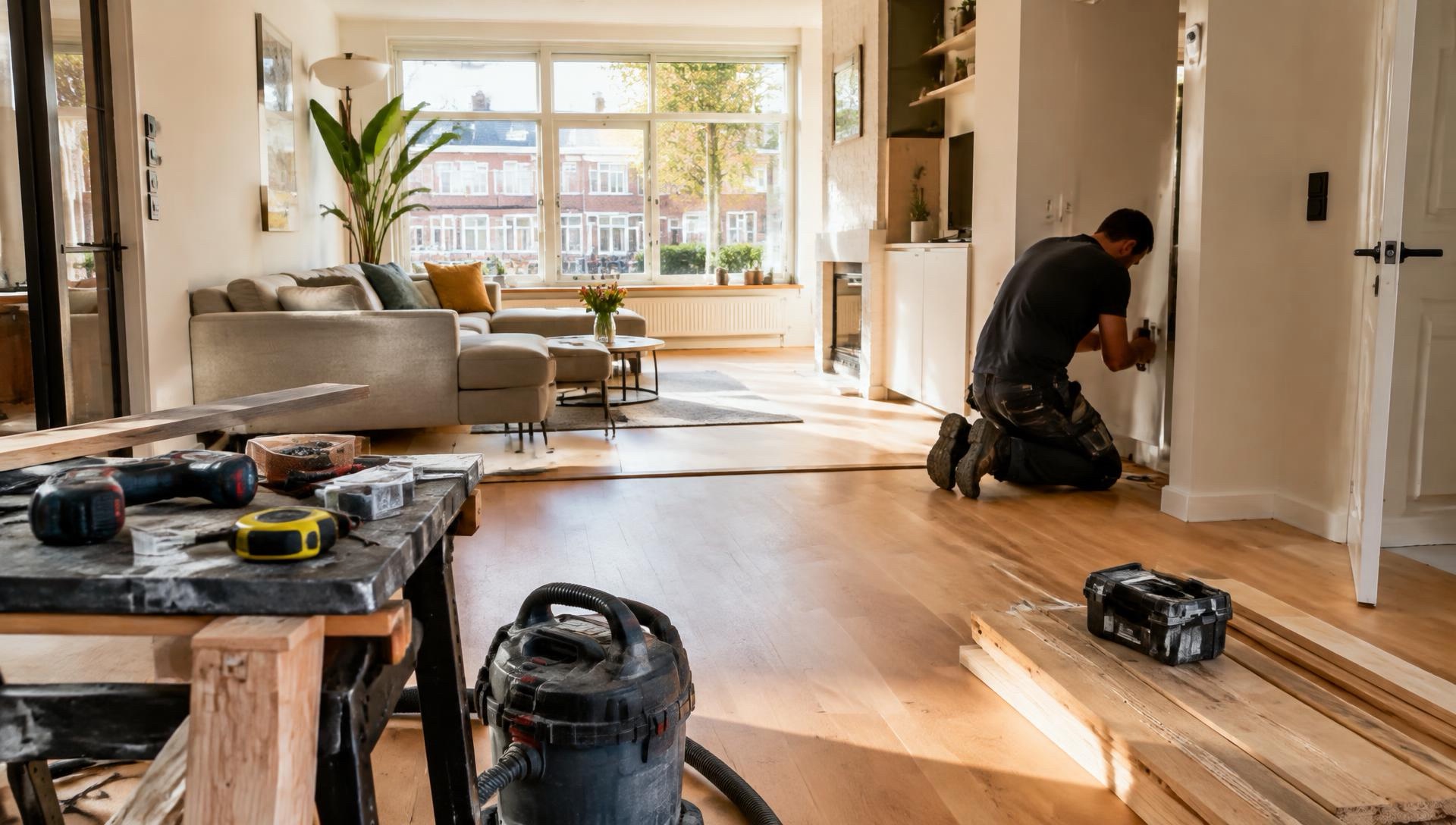 Klusser aan het werk in een woonkamer
